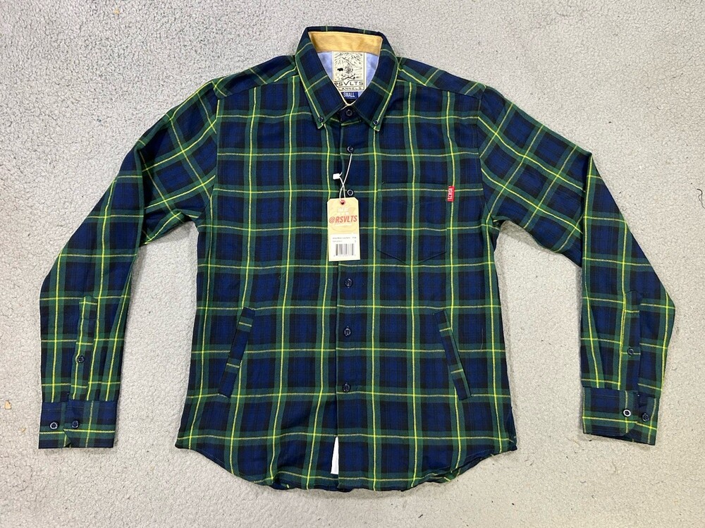 RSVLTS Gordon Modem Flannel Shirt Men’s Small Blue Green Plaid Long Sleeve NWT